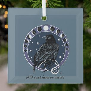 Mystical Raven Moon Phases Celestial Night Sky Glass Tree Decoration