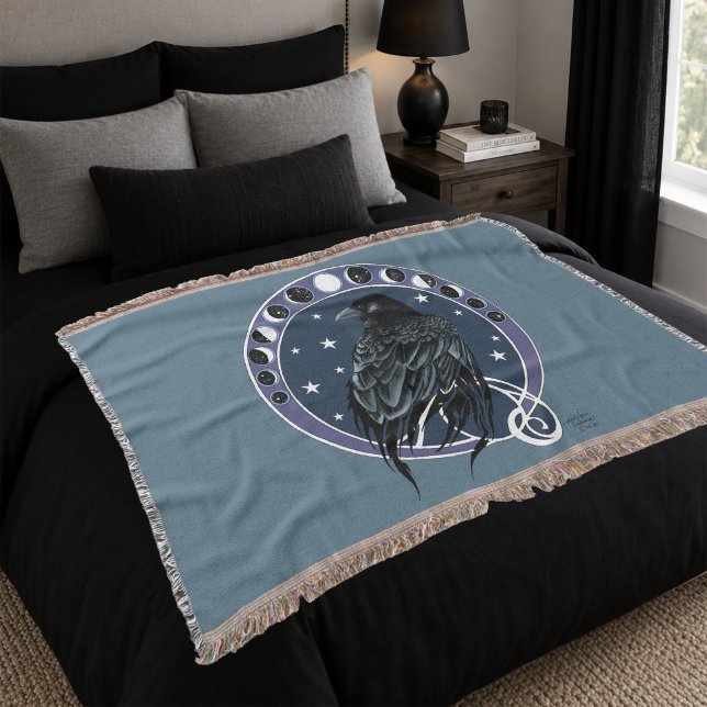 Mystical Raven Moon Phases Celestial Night Sky Throw Blanket (Creator Uploaded)