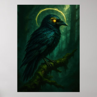 Mystical Raven with Golden Halo Fantasy Poster