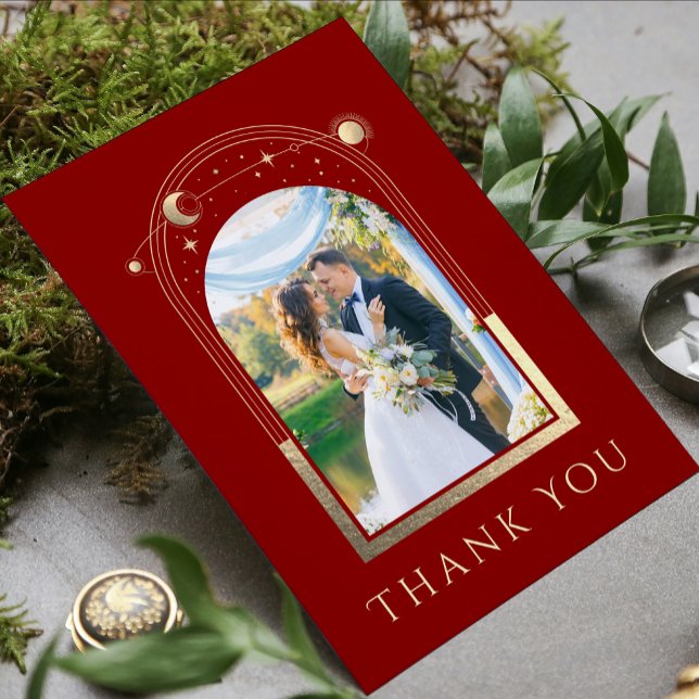 Mystical Red Gold Star Moon Stars Photo Wedding Thank You Card (Creator Uploaded)