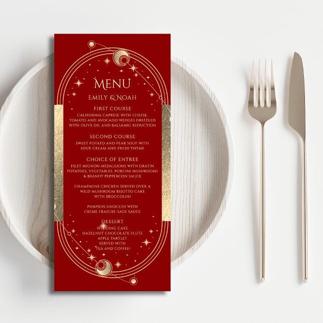 Mystical Red Gold Sun Moon Astronomy Wedding Menu (Creator Uploaded)