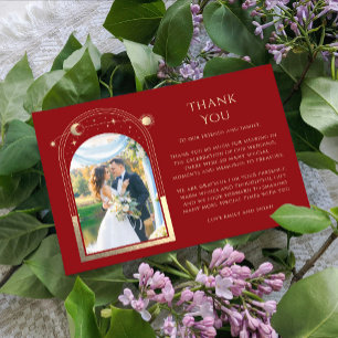 Mystical Red Gold Sun Moon Stars Photo Wedding Thank You Card