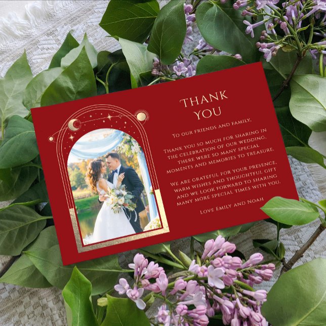 Mystical Red Gold Sun Moon Stars Photo Wedding Thank You Card (Creator Uploaded)