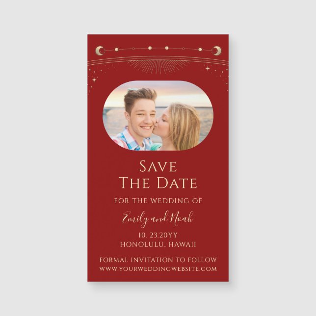 Mystical Red Gold Sun Moon Stars Save The Date (Front)