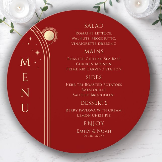 Mystical Red Gold Sun Moon Stars Space Wedding Menu (Creator Uploaded)