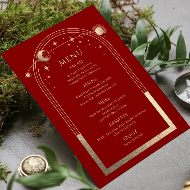Mystical Red Gold Sun Moon Stars Wedding Menu (Creator Uploaded)