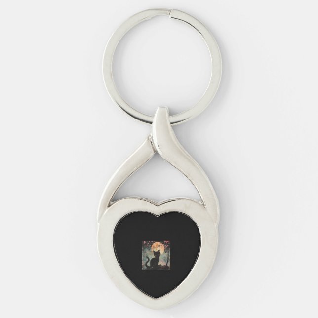 Mystical Red Moon with Black Cat and Sakura  Key Ring (Front)