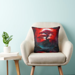 Mystical Red Tree Under Full Moon Cushion