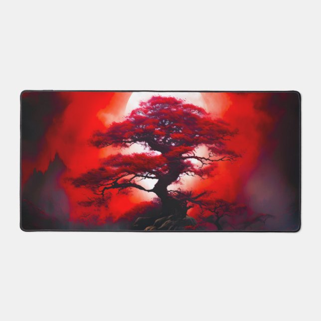 Mystical Red Tree Under Full Moon Desk Mat (Front)