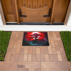 Mystical Red Tree Under Full Moon Doormat