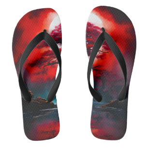Mystical Red Tree Under Full Moon Flip Flops