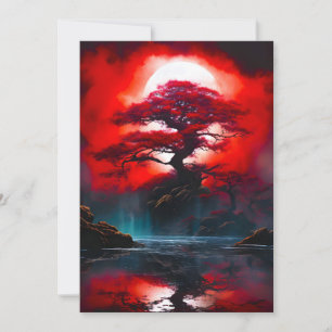 Mystical Red Tree Under Full Moon Holiday Card