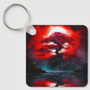 Mystical Red Tree Under Full Moon Key Ring