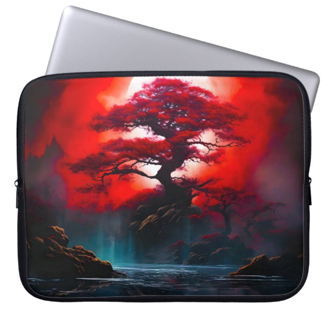 Mystical Red Tree Under Full Moon Laptop Sleeve (Front)