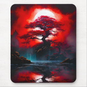 Mystical Red Tree Under Full Moon Mouse Mat