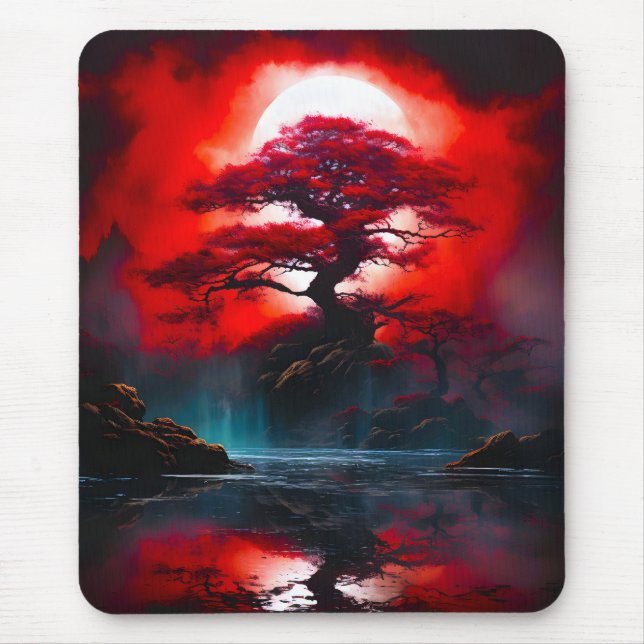 Mystical Red Tree Under Full Moon Mouse Mat (Front)
