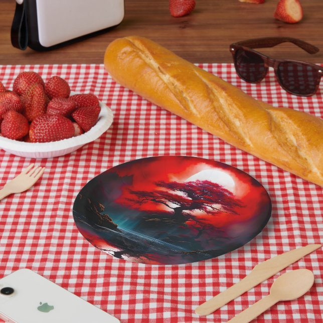 Mystical Red Tree Under Full Moon Paper Plate (Picnic)