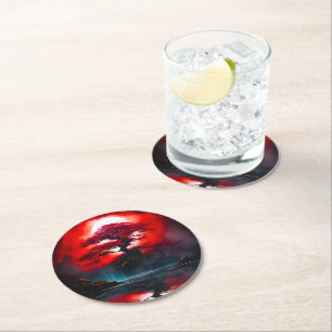 Mystical Red Tree Under Full Moon Round Paper Coaster