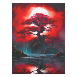 Mystical Red Tree Under Full Moon Tablecloth