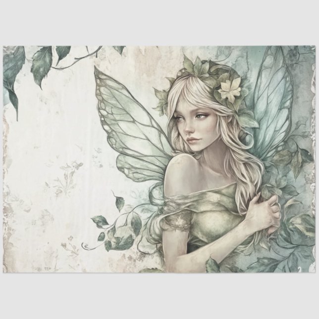 Mystical Sage Green Fairy Decoupage  Tissue Paper (Front)