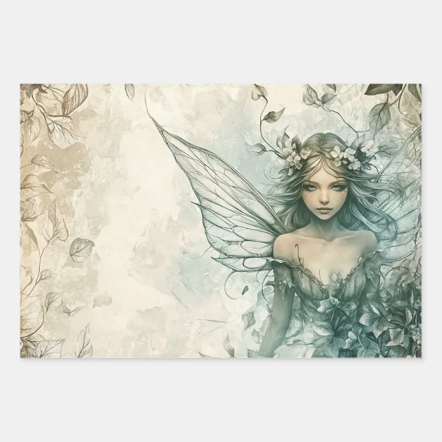 Mystical Sage Green Fairy Wrapping Paper Sheet (Front 3)