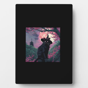 Mystical Sakura Black Cat Witch Hat for Halloween Plaque