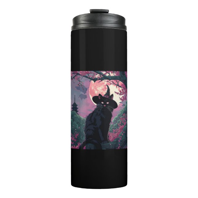 Mystical Sakura Black Cat Witch Hat for Halloween  Thermal Tumbler (Front)