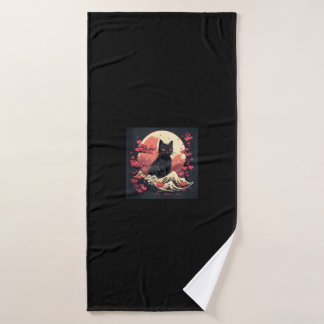 Mystical Sakura Night_ Black Cat with Full Moon  Bath Towel