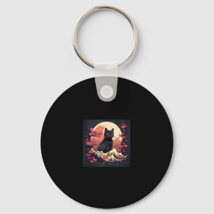 Mystical Sakura Night_ Black Cat with Full Moon Key Ring