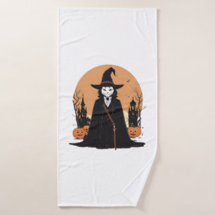 Mystical Salem Black Cat with Pumpkins Bath Towel