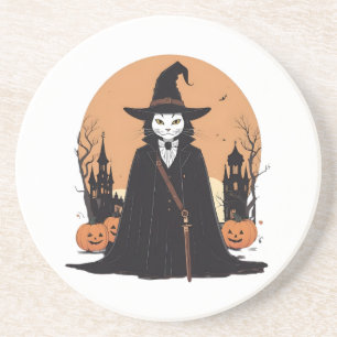 Mystical Salem Black Cat with Pumpkins Coaster