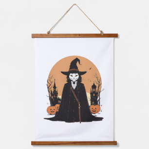 Mystical Salem Black Cat with Pumpkins Hanging Tapestry
