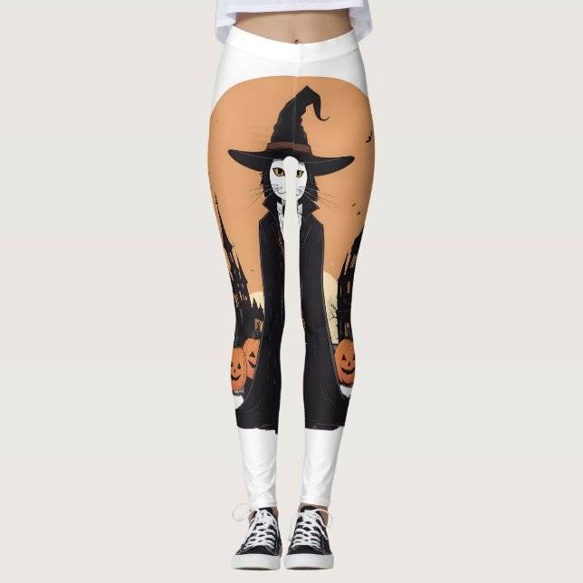 Mystical Salem Black Cat with Pumpkins Leggings (Front)