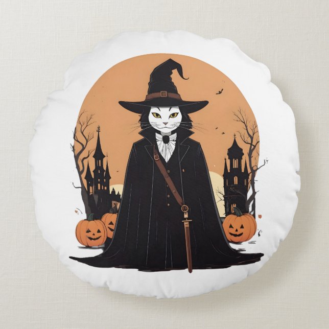  Mystical Salem Black Cat with Pumpkins Round Cushion (Front)