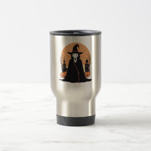 Mystical Salem Black Cat with Pumpkins Travel Mug
