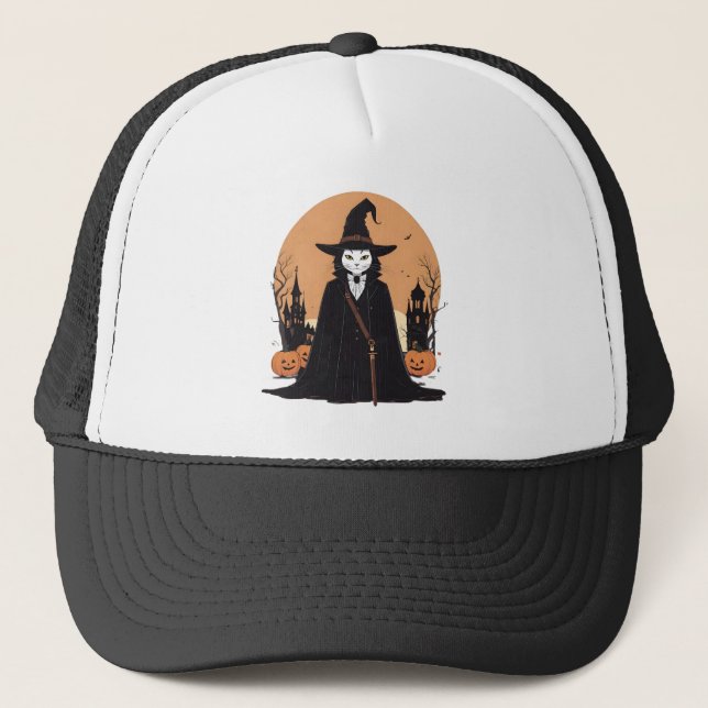 Mystical Salem Black Cat with Pumpkins Trucker Hat (Front)