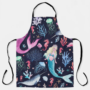 Mystical Sea Watercolor Dark Pattern Apron