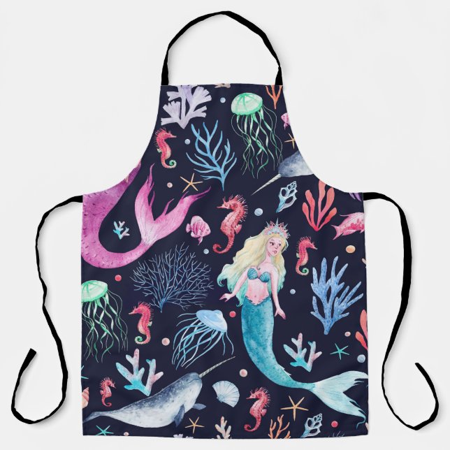 Mystical Sea Watercolor Dark Pattern Apron (Front)