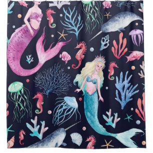 Mystical Sea Watercolor Dark Pattern Shower Curtain