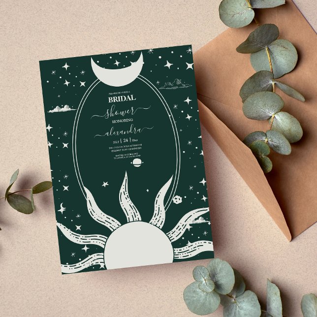  Mystical Silver and Green Sun Moon Bridal Invitation (Creator Uploaded)