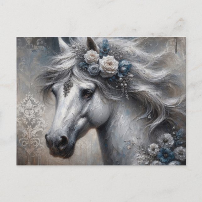 Mystical Silver Horse Oil Painting Fine Art Style Postcard (Front)