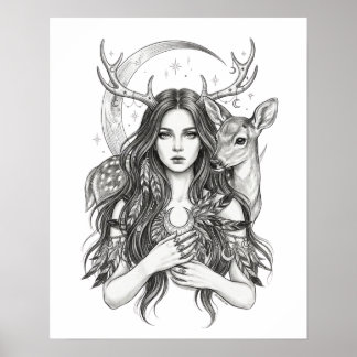 Mystical Slavic Forest Goddess Moon & Deer Vinyl S Poster