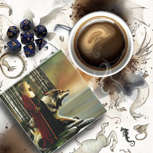 Mystical Sorceress Wolf Guardian Stone Portal  Glass Coaster