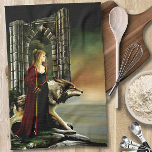 Mystical Sorceress Wolf Guardian Stone Portal Tea Towel
