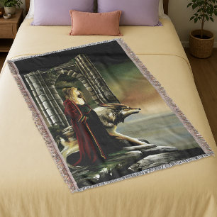 Mystical Sorceress Wolf Guardian Stone Portal Throw Blanket
