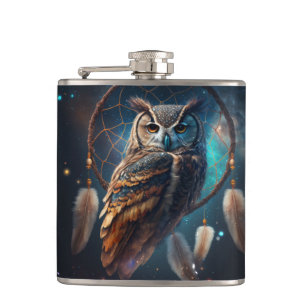 Mystical Space Owl with Dreamcatcher Art Hip Flask