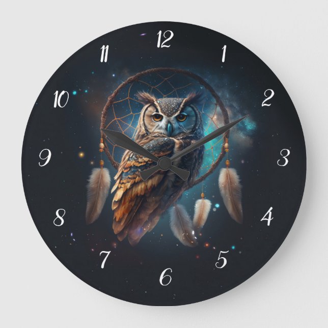 Mystical Space Owl with Dreamcatcher Art       Large Clock (Front)