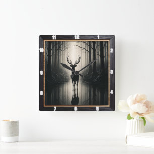 Mystical Stag Forest Silhouette  Square Wall Clock