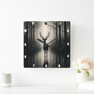 Mystical Stag Forest With A Silhouette  Square Wall Clock