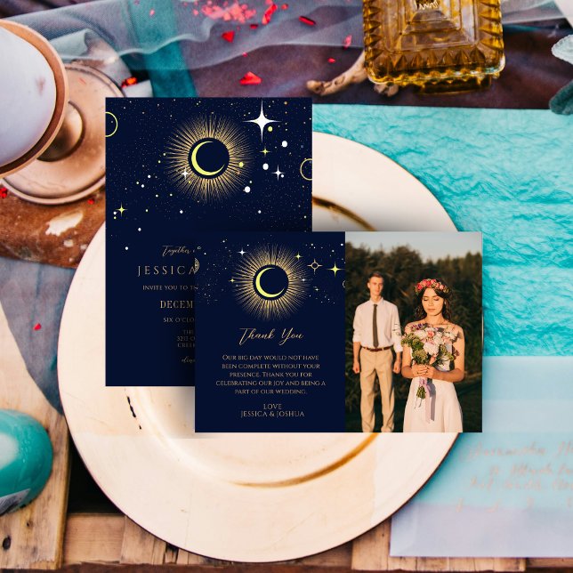 Mystical Starry Night Sun Moon Navy Photo Thank You Card (Creator Uploaded)